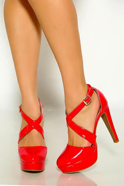 Red Patent Criss Cross Straps Platform High Heels - AMIClubwear