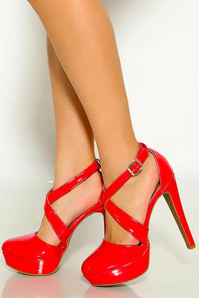 Red Patent Criss Cross Straps Platform High Heels - AMIClubwear