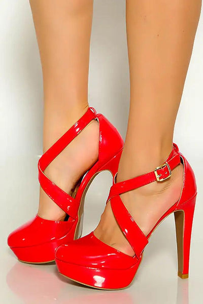 Red Patent Criss Cross Straps Platform High Heels - AMIClubwear