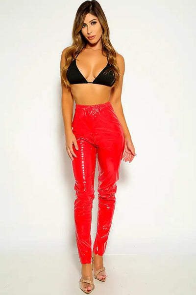 Red Patent High Waist Pants - AMIClubwear