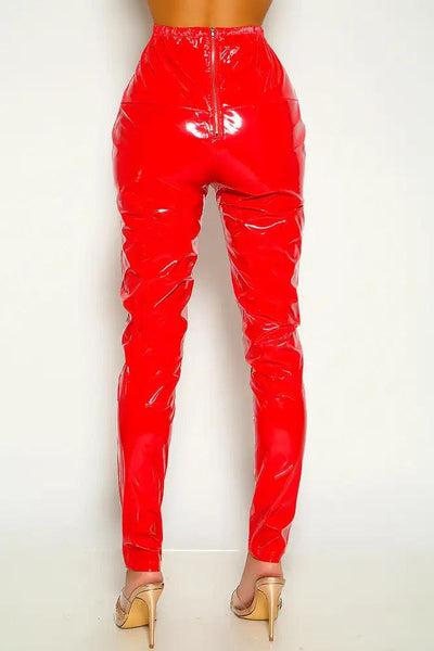 Red Patent High Waist Pants - AMIClubwear