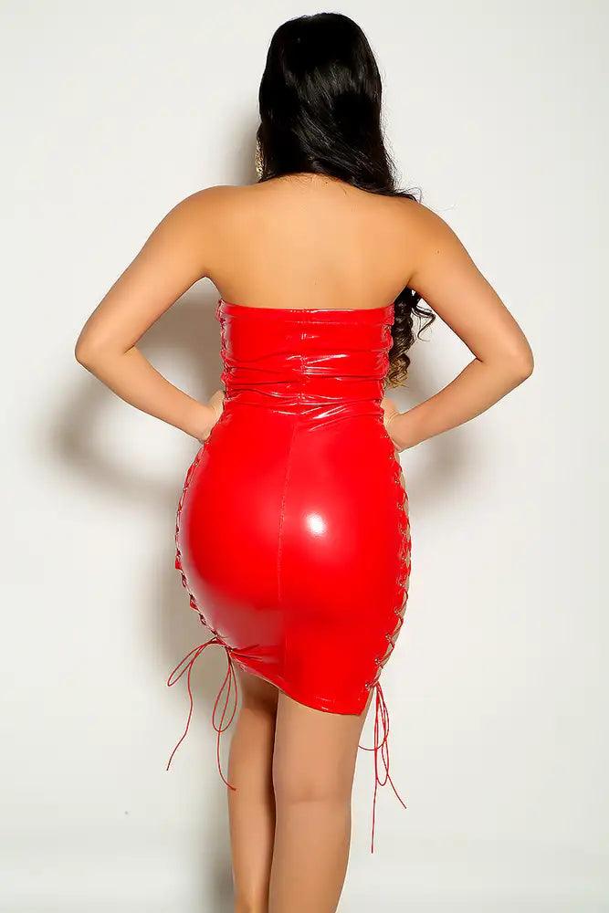 Red Patent Leather Lace Up Mini Party Dress - AMIClubwear