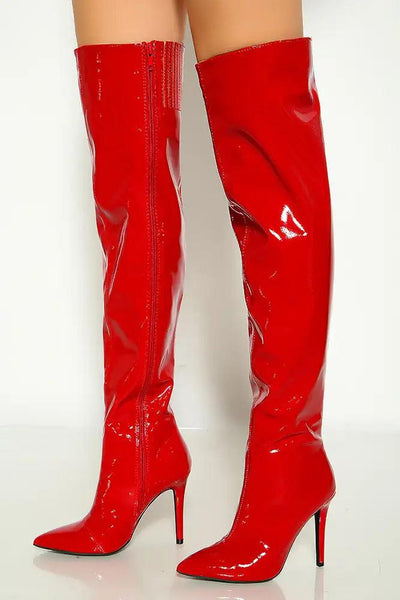 Red Patent Pointy Toe High Heel Boots - AMIClubwear