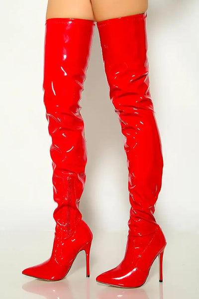 Red Patent Thigh High Pointy Toe High Heel Boots - AMIClubwear