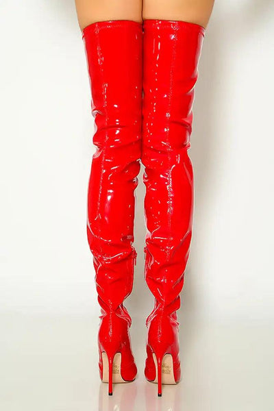 Red Patent Thigh High Pointy Toe High Heel Boots - AMIClubwear