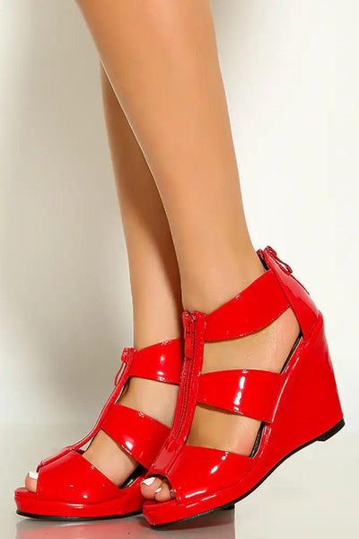 Red Peep Toe Front Zipper Platform Wedges - AMIClubwear