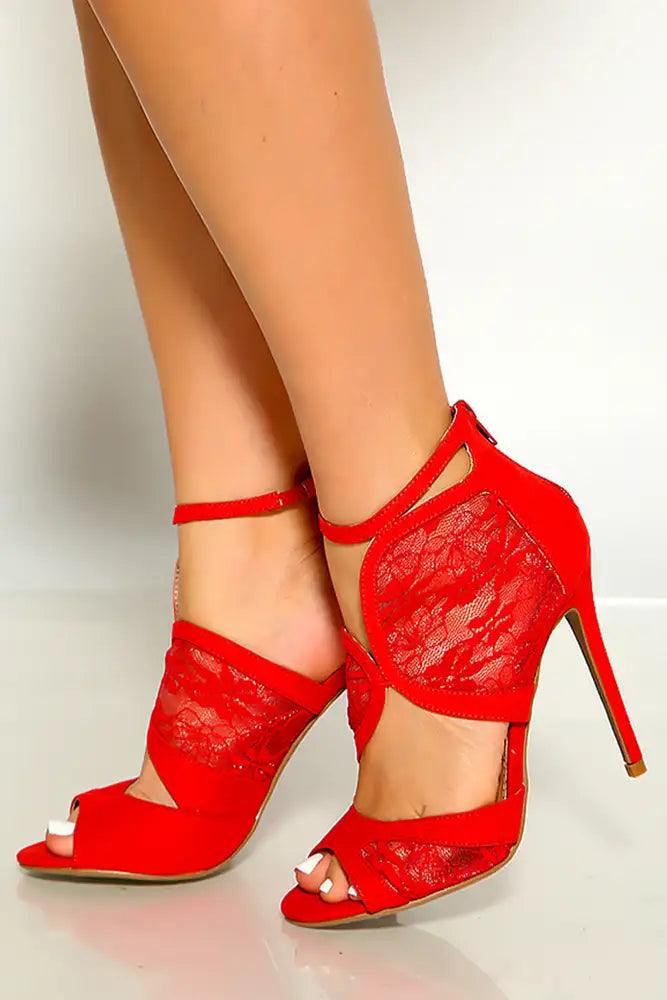 Red Peep Toe Lace Cut Out Detail High Heels - AMIClubwear