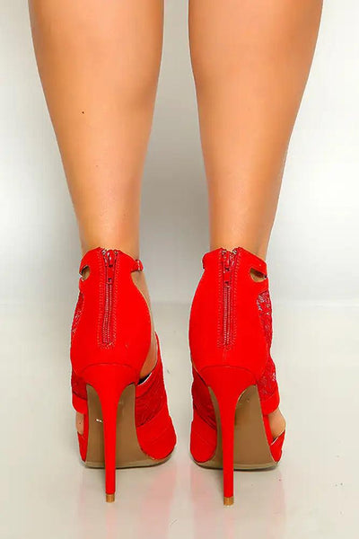 Red Peep Toe Lace Cut Out Detail High Heels - AMIClubwear