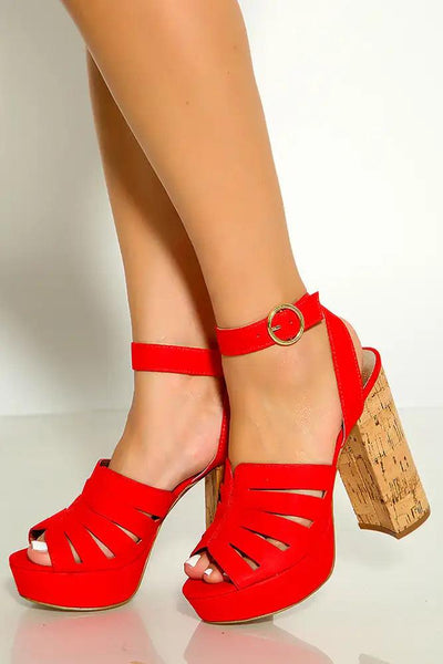 Red Peep Toe Strappy Ankle Strap Platform Chunky High Heels - AMIClubwear