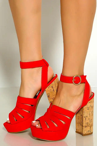 Red Peep Toe Strappy Ankle Strap Platform Chunky High Heels - AMIClubwear