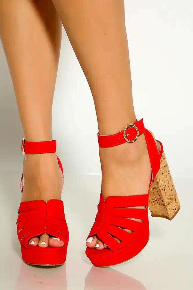 Red Peep Toe Strappy Ankle Strap Platform Chunky High Heels - AMIClubwear