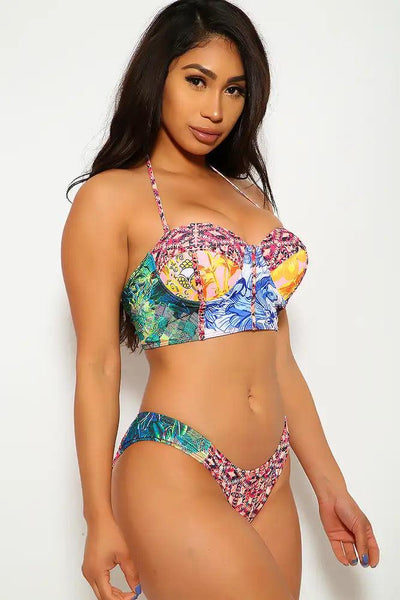 Red Pink Graphic Print Two Piece Swimsuit - AMIClubwear