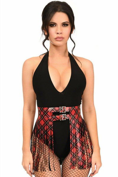 Red Plaid Faux Leather Fringe Skirt - AMIClubwear