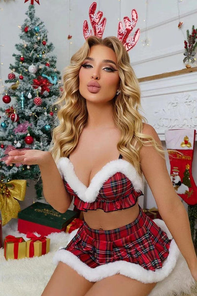 Red Plaid Pleated White Faux Fur Ruffle Trim Sexy Holiday 2 Pc Costume - AMIClubwear