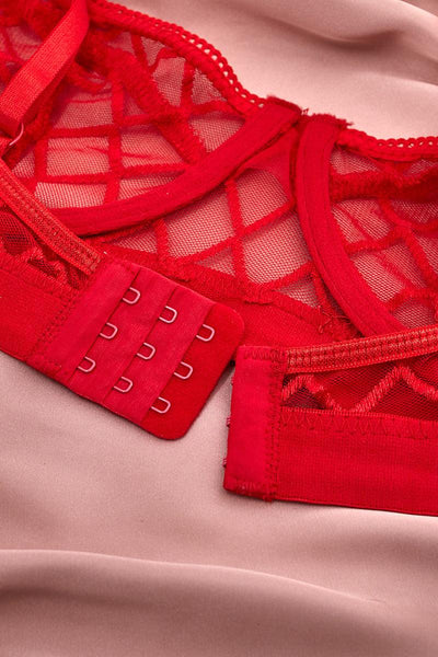 Red Plaid Sheer Mesh Garter O-Ring Accent Lingerie Set - AMIClubwear
