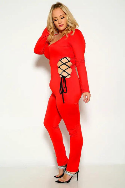 Red Plus Size Long Sleeve Side Lace Up Stretchy Jumpsuit - AMIClubwear