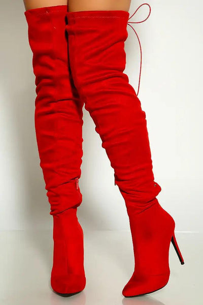 Red Pointy Toe Back Lace Up Thigh High Heel Boots - AMIClubwear