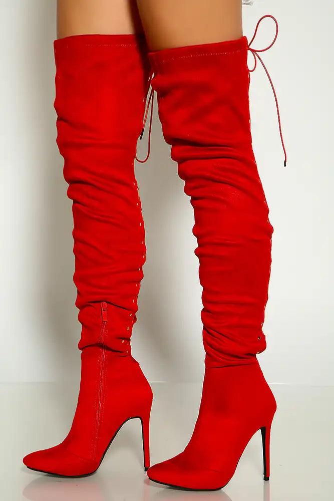 Red Pointy Toe Back Lace Up Thigh High Heel Boots - AMIClubwear