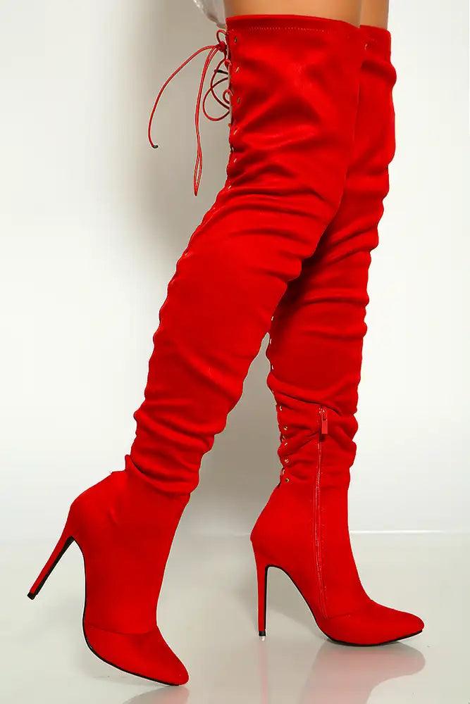 Red Pointy Toe Back Lace Up Thigh High Heel Boots - AMIClubwear