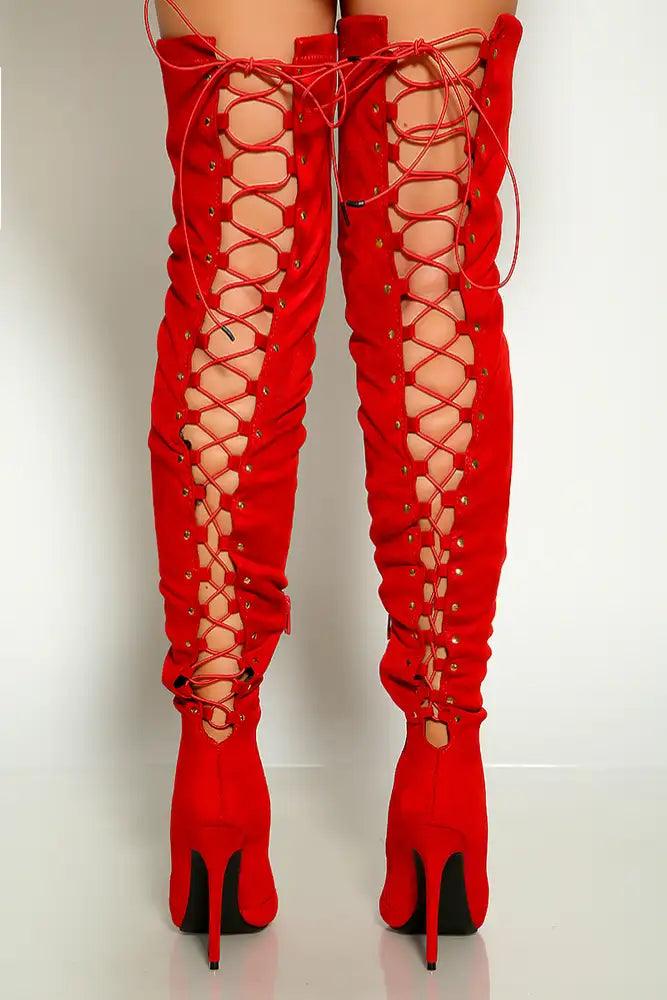 Red Pointy Toe Back Lace Up Thigh High Heel Boots - AMIClubwear