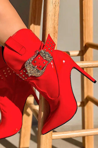 Red Pointy Toe Buckle Studded Booties - AMIClubwear