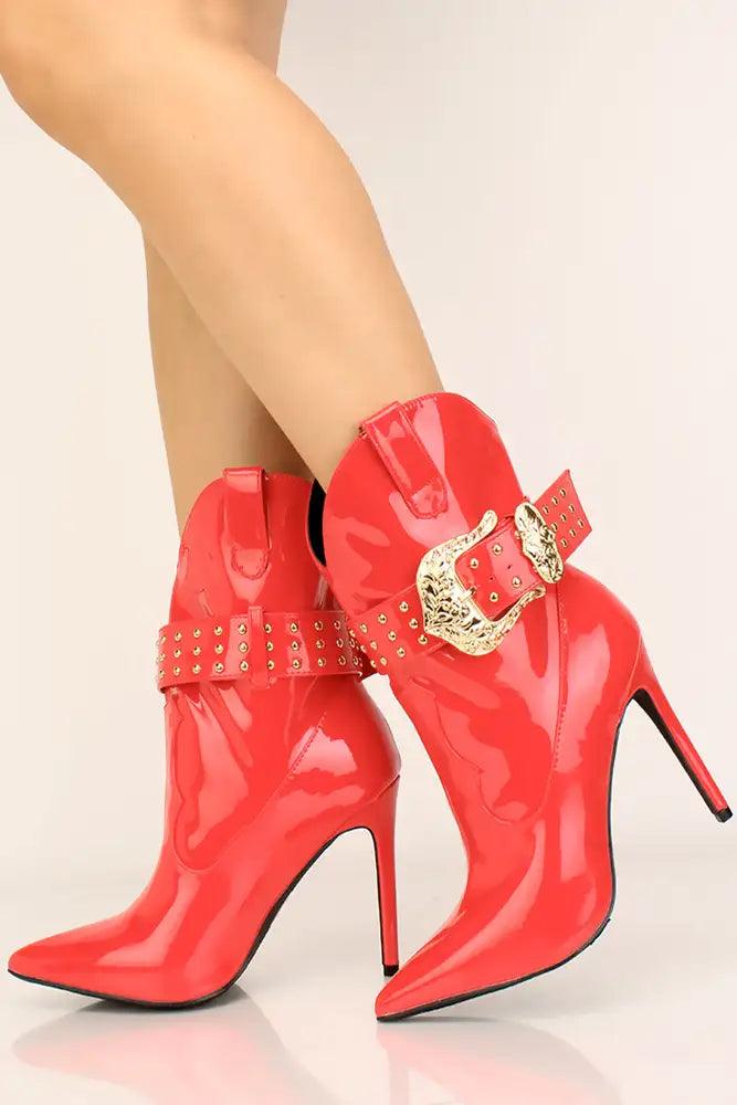 Red Pointy Toe Buckle Studded Booties - AMIClubwear