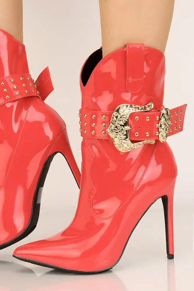 Red Pointy Toe Buckle Studded Booties - AMIClubwear