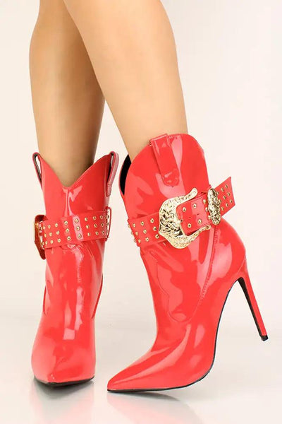 Red Pointy Toe Buckle Studded Booties - AMIClubwear