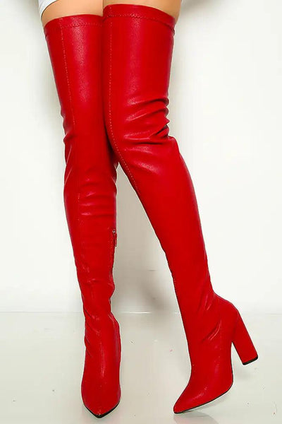 Red Pointy Toe Chunky Heel Thigh High Boots - AMIClubwear