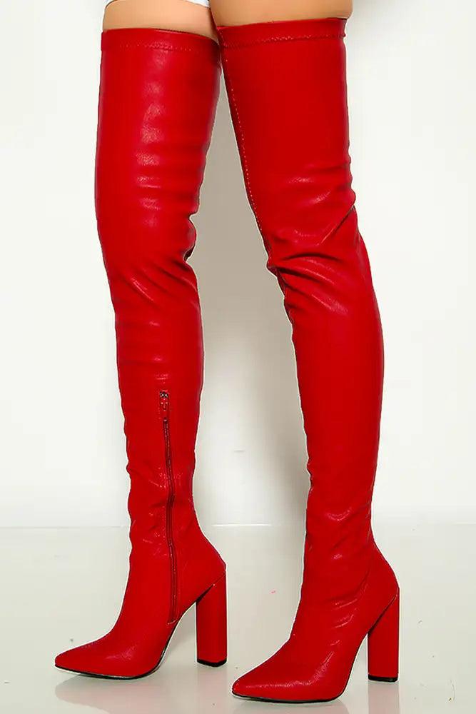 Red Pointy Toe Chunky Heel Thigh High Boots - AMIClubwear