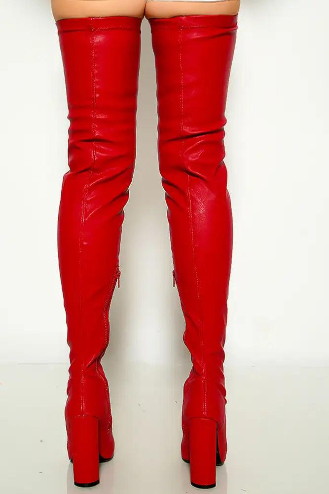 Red Pointy Toe Chunky Heel Thigh High Boots - AMIClubwear