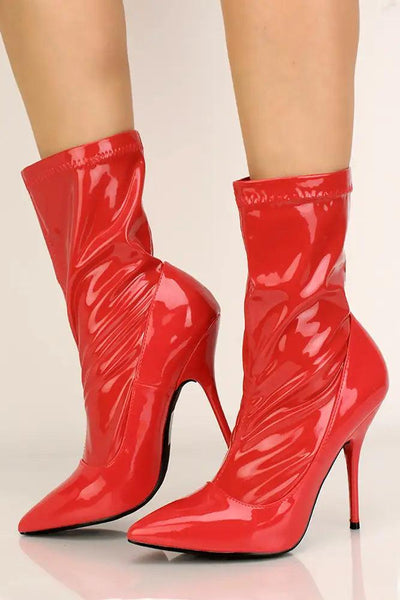 Red Pointy Toe Faux Leather Booties - AMIClubwear