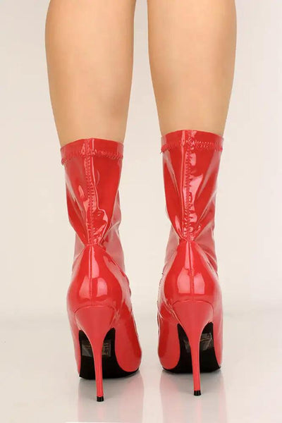 Red Pointy Toe Faux Leather Booties - AMIClubwear