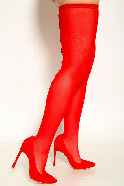 Red Pointy Toe Mesh Sexy Single Sole Thigh High Heel Boots - AMIClubwear