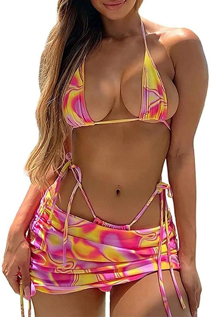 Red Printed Halter Cheeky Sexy Three Piece Swimsuit - AMIClubwear