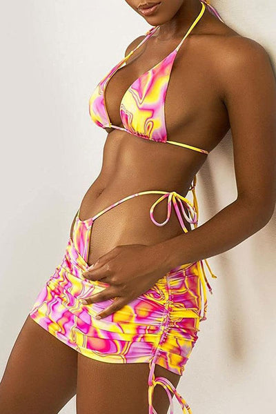 Red Printed Halter Cheeky Sexy Three Piece Swimsuit - AMIClubwear