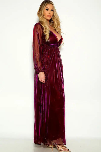 Red Purple Long Sleeve Mesh Maxi Dress - AMIClubwear