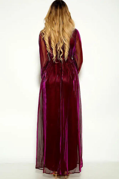 Red Purple Long Sleeve Mesh Maxi Dress - AMIClubwear