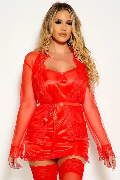 Red Quarter Sleeve Belted Lace Trim Robe - AMIClubwear