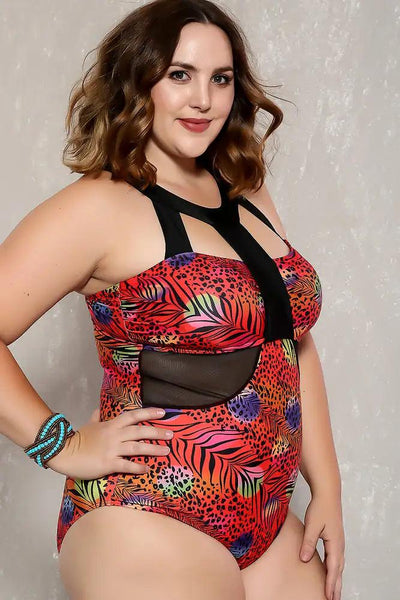 Red Red Leopard Print Strappy Mesh Cut Out Plus Size Swimsuit - AMIClubwear