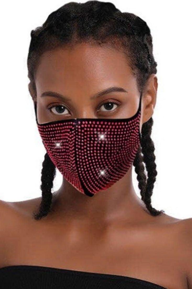 Red Rhinestone Accent Face Mask - AMIClubwear