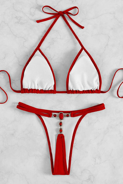 Red Rhinestone Back Accent Sexy Two Piece Swimsuit - AMIClubwear