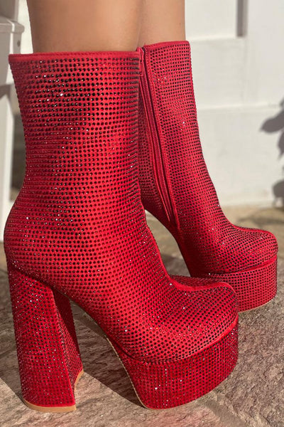 Red Rhinestone Design Chunky Platform Boots - AMIClubwear