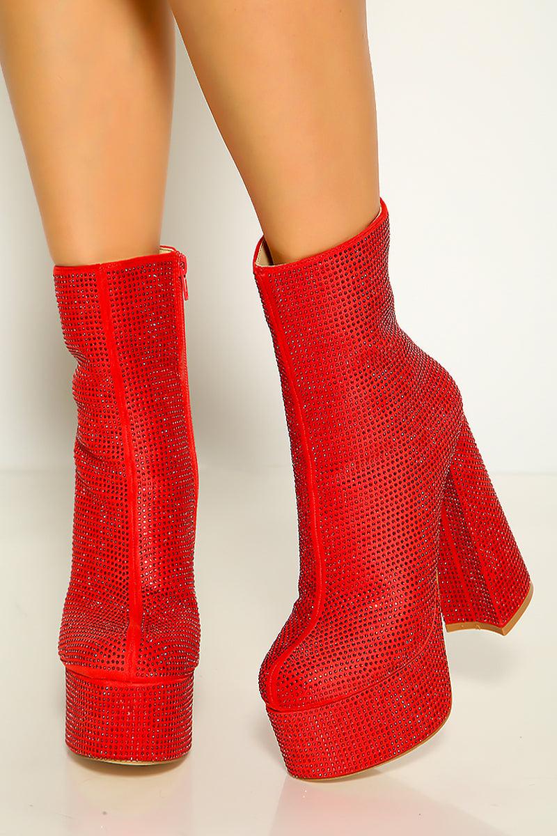 Red Rhinestone Design Chunky Platform Boots - AMIClubwear