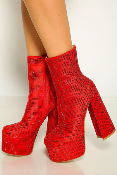 Red Rhinestone Design Chunky Platform Boots - AMIClubwear