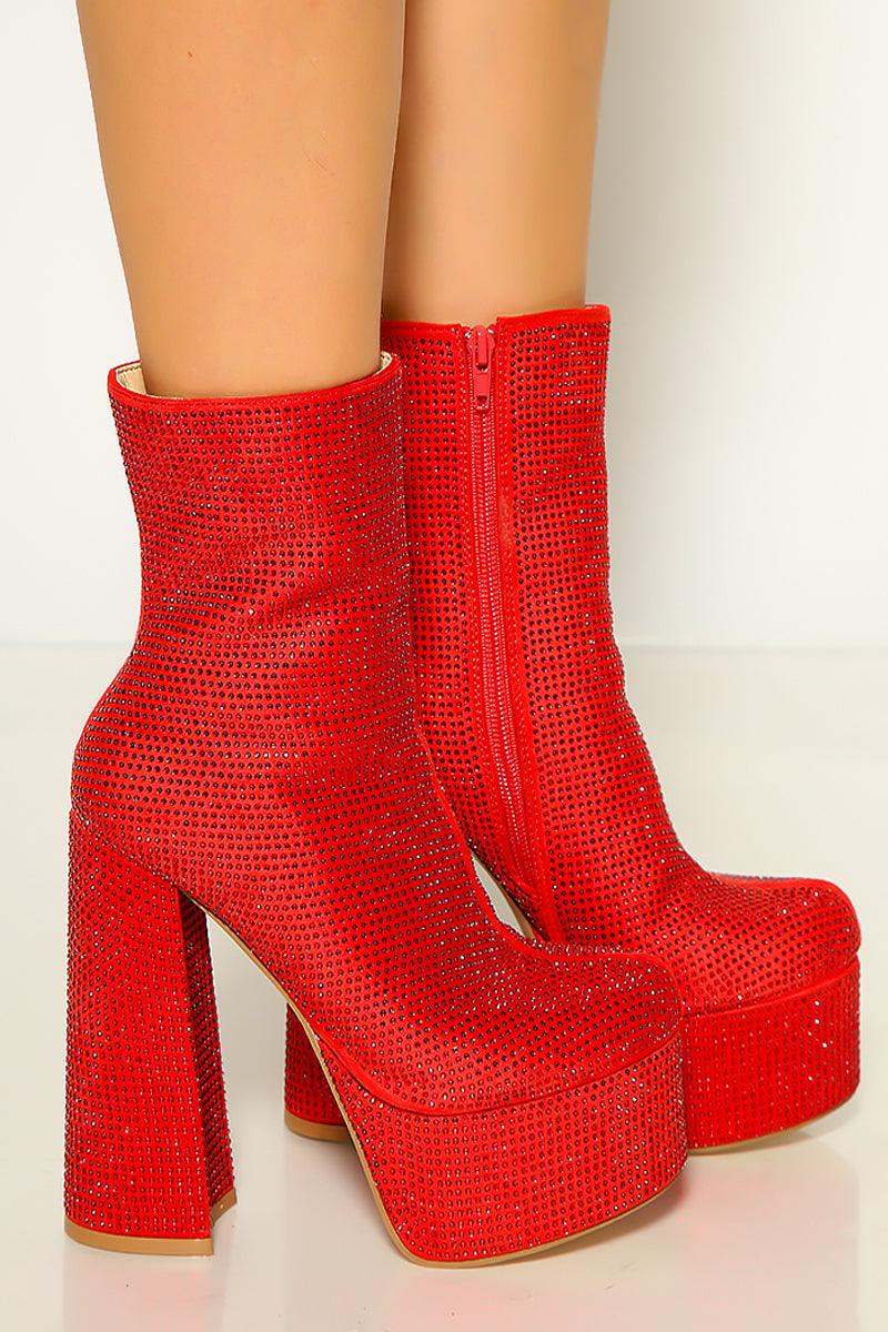 Red Rhinestone Design Chunky Platform Boots - AMIClubwear