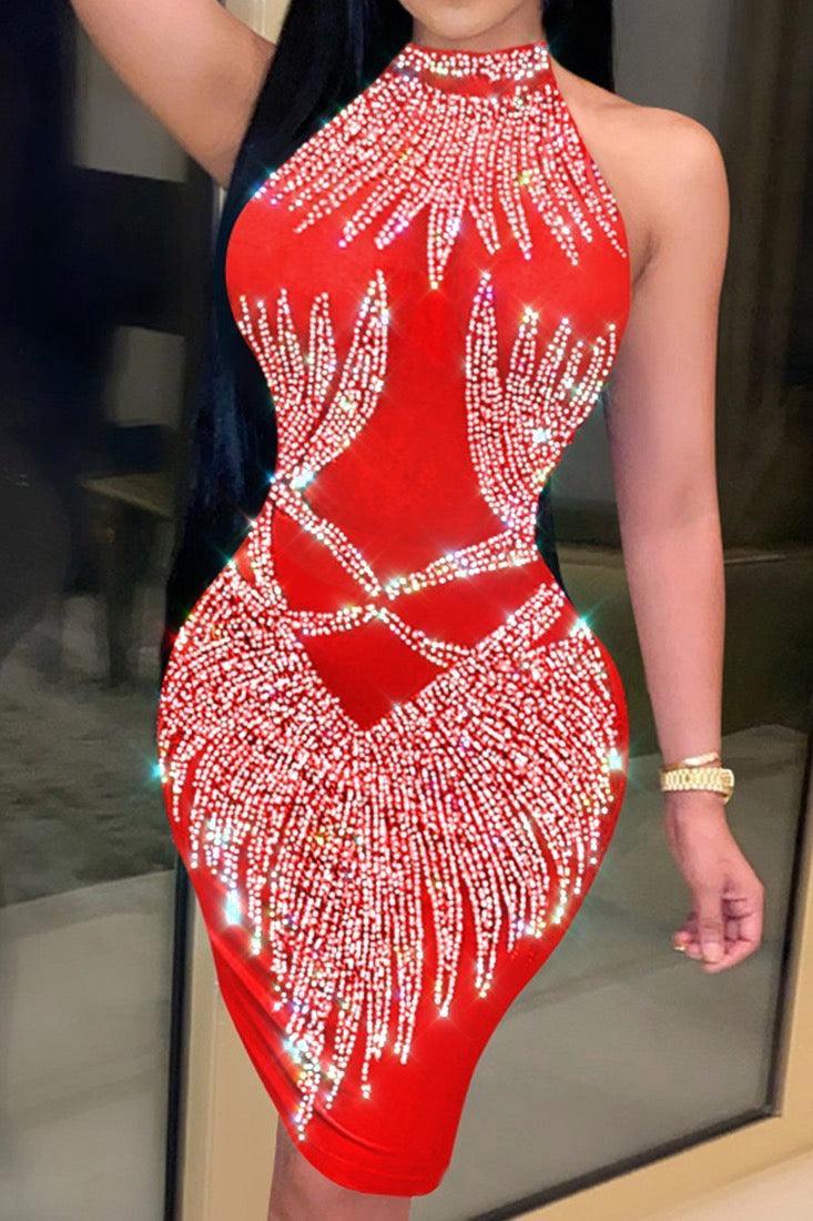 Red Rhinestone Sleeveless Sexy Party Dress - AMIClubwear