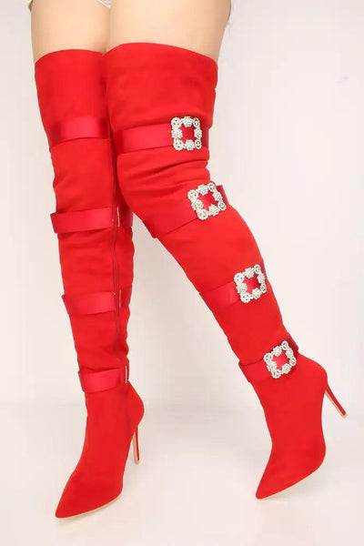 Red Rhinestone Studded Decor Strappy Thigh High Boots - AMIClubwear