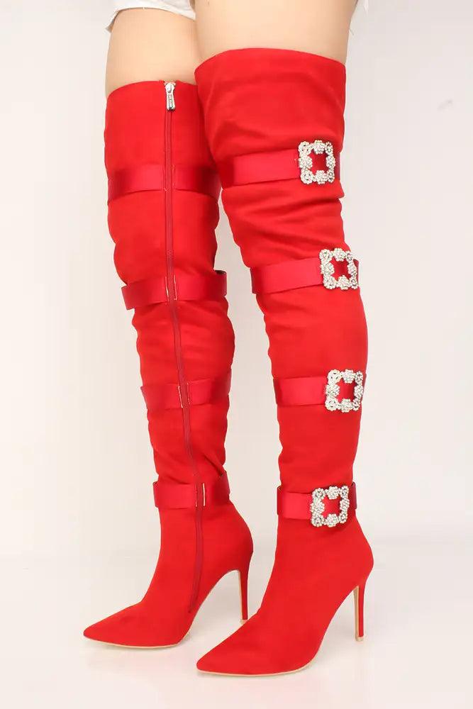 Red Rhinestone Studded Decor Strappy Thigh High Boots - AMIClubwear