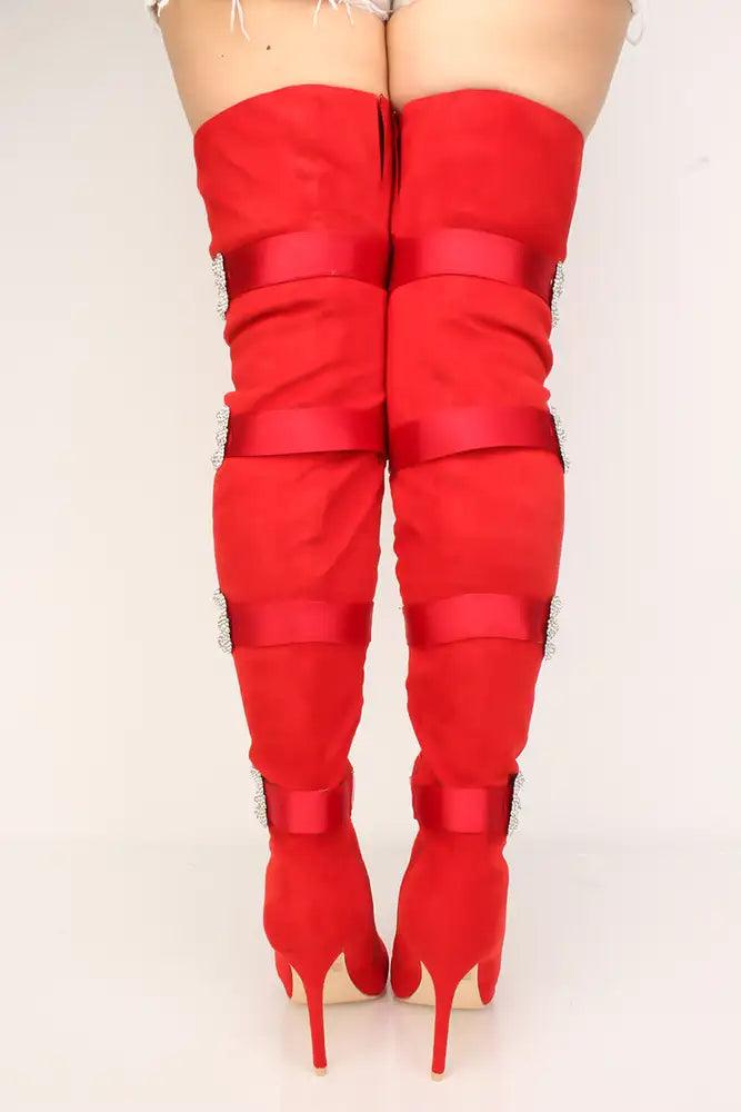 Red Rhinestone Studded Decor Strappy Thigh High Boots - AMIClubwear